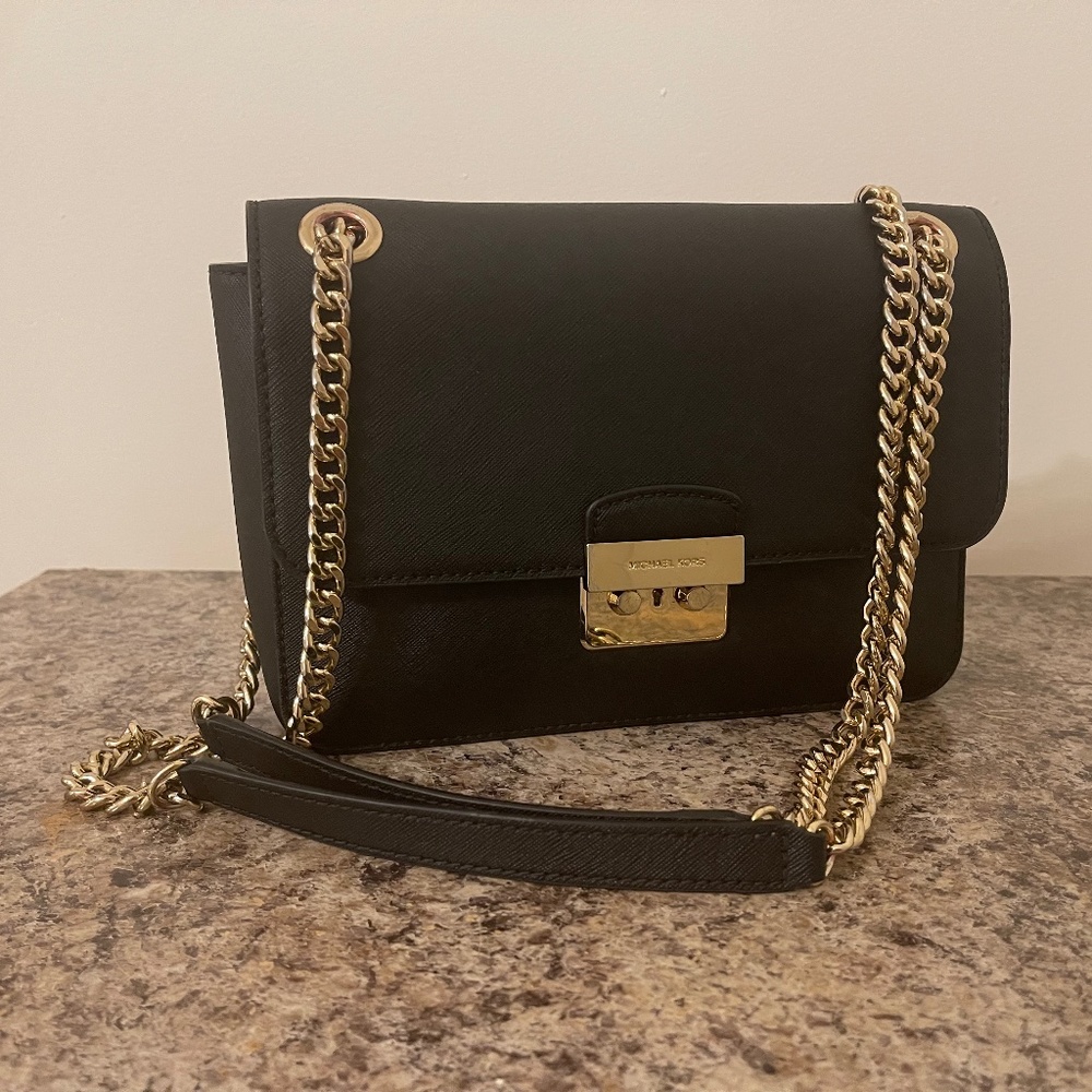 Michael Kors  Saffiano Leather Medium Gold Crossbody Bag in Black
